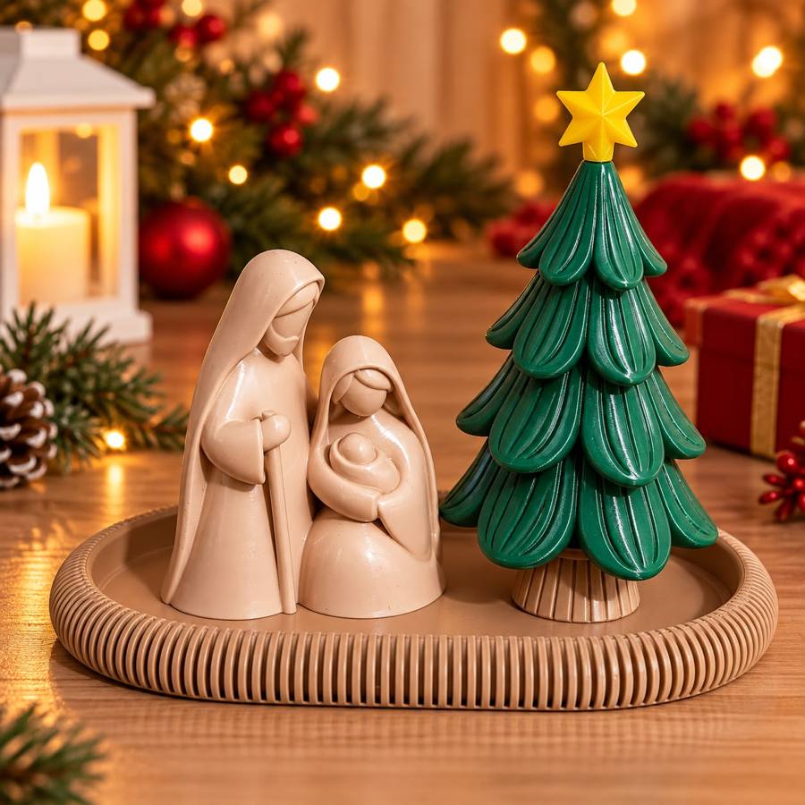 Nacimiento minimalista con árbol de Navidad en bandeja